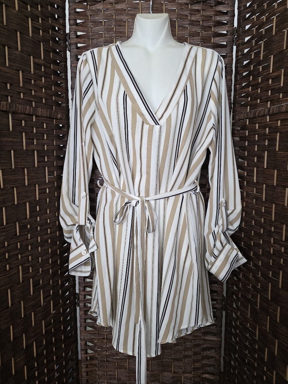 Striped V-Neck Tie-Waist Dress - Beige & White